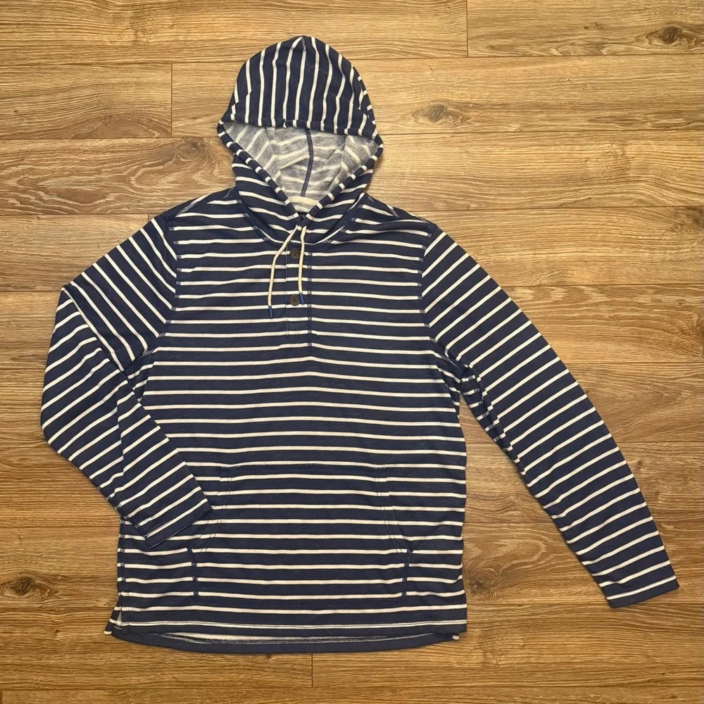 J Crew Blue and White Striped Henley Hooded Pullover Mens Large EUC